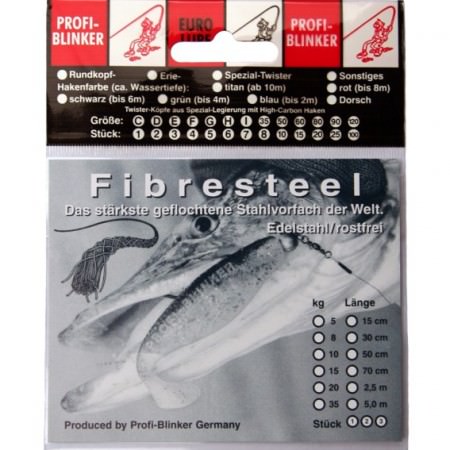 ProfiBlinker Fibresteel Stahlvorfach Schwarz / 15 kg Tragkraft / 5 Meter inkl. 20 Quetschhülsen