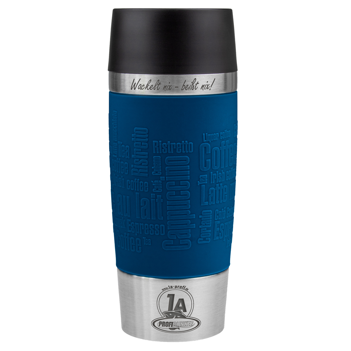 ProfiBlinker Thermobecher Emsa Travel Mug 360ml blau mit Gravur Motiv ''Wackelt nix, beißt nix!''
